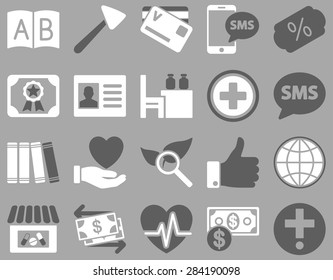 Medical icon set. Style: bicolor icons drawn with dark gray and white colors on a gray background.