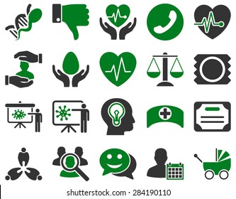 Medical icon set. Style: bicolor icons drawn with green and gray colors on a white background.