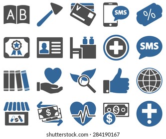 Medical icon set. Style: bicolor icons drawn with cobalt and gray colors on a white background.