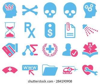 Medical icon set. Style: bicolor icons drawn with pink and blue colors on a white background.