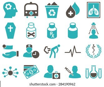 Medical icon set. Style: bicolor icons drawn with grey and cyan colors on a white background.