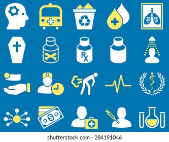 Medical icon set. Style: bicolor icons drawn with yellow and white colors on a blue background.
