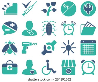 Medical icon set. Style: bicolor icons drawn with cobalt and cyan colors on a white background.