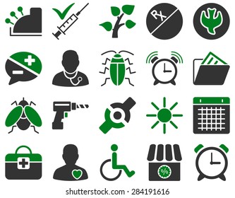Medical icon set. Style: bicolor icons drawn with green and gray colors on a white background.