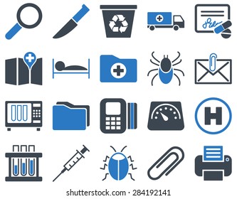 Medical icon set. Style: bicolor icons drawn with smooth blue colors on a white background.