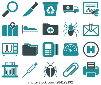 Medical icon set. Style: bicolor icons drawn with soft blue colors on a white background.