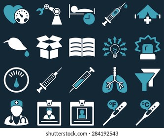 Medical icon set. Style: bicolor icons drawn with blue and white colors on a dark blue background.