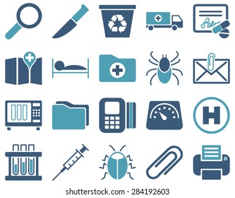 Medical icon set. Style: bicolor icons drawn with cyan and blue colors on a white background.