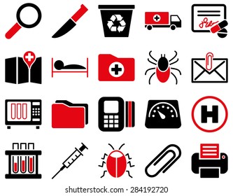 Medical icon set. Style: bicolor icons drawn with intensive red and black colors on a white background.