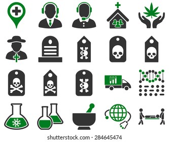 Medical icon set. Style: bicolor icons drawn with green and gray colors on a white background.