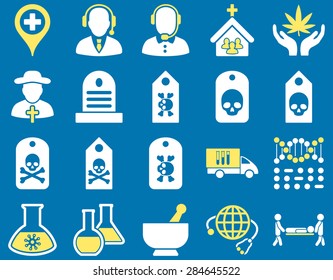 Medical icon set. Style: bicolor icons drawn with yellow and white colors on a blue background.