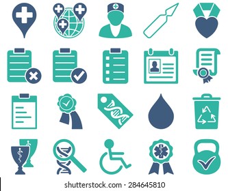 Medical icon set. Style: bicolor icons drawn with cobalt and cyan colors on a white background.