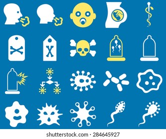 Medical icon set. Style: bicolor icons drawn with yellow and white colors on a blue background.