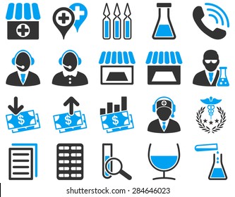 Medical icon set. Style: bicolor icons drawn with blue and gray colors on a white background.