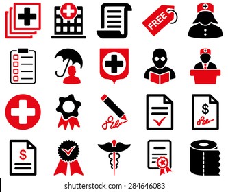 Medical icon set. Style: bicolor icons drawn with intensive red and black colors on a white background.