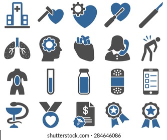 Medical icon set. Style: bicolor icons drawn with cobalt and gray colors on a white background.