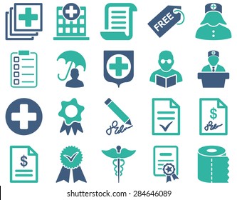 Medical icon set. Style: bicolor icons drawn with cobalt and cyan colors on a white background.