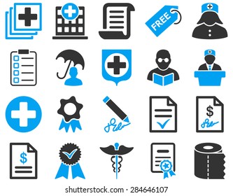 Medical icon set. Style: bicolor icons drawn with blue and gray colors on a white background.