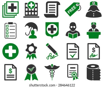 Medical icon set. Style: bicolor icons drawn with green and gray colors on a white background.