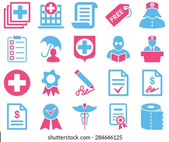 Medical icon set. Style: bicolor icons drawn with pink and blue colors on a white background.