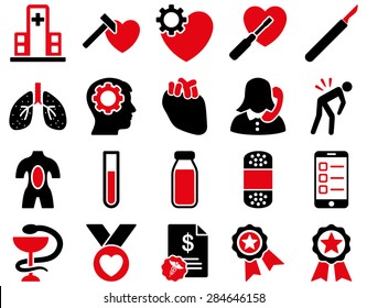 Medical icon set. Style: bicolor icons drawn with intensive red and black colors on a white background.