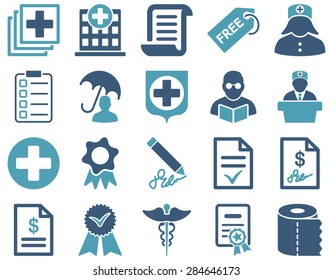 Medical icon set. Style: bicolor icons drawn with cyan and blue colors on a white background.