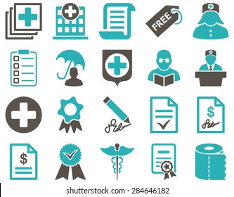 Medical icon set. Style: bicolor icons drawn with grey and cyan colors on a white background.