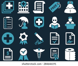 Medical icon set. Style: bicolor icons drawn with blue and white colors on a dark blue background.