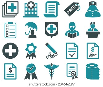 Medical icon set. Style: bicolor icons drawn with soft blue colors on a white background.