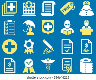 Medical icon set. Style: bicolor icons drawn with yellow and white colors on a blue background.