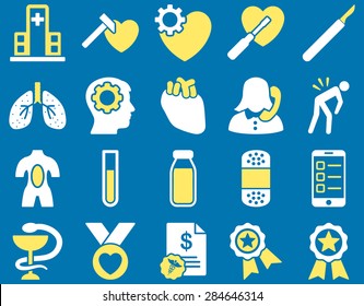 Medical icon set. Style: bicolor icons drawn with yellow and white colors on a blue background.