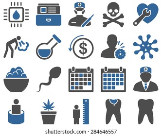 Medical icon set. Style: bicolor icons drawn with cobalt and gray colors on a white background.