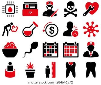 Medical icon set. Style: bicolor icons drawn with intensive red and black colors on a white background.