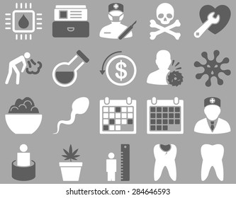 Medical icon set. Style: bicolor icons drawn with dark gray and white colors on a gray background.