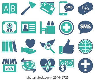 Medical icon set. Style: bicolor icons drawn with cobalt and cyan colors on a white background.