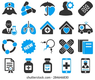 Medical icon set. Style: bicolor icons drawn with blue and gray colors on a white background.