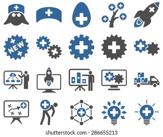 Medical icon set. Style: bicolor icons drawn with cobalt and gray colors on a white background.