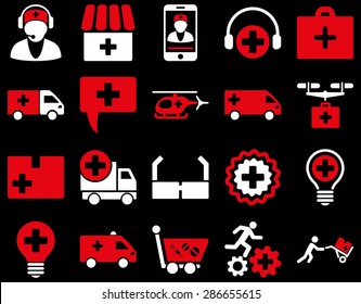 Medical icon set. Style: bicolor icons drawn with red and white colors on a black background.