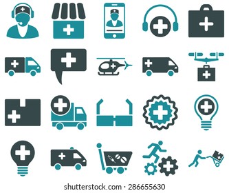 Medical icon set. Style: bicolor icons drawn with soft blue colors on a white background.