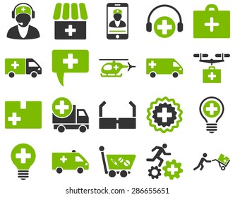 Medical icon set. Style: bicolor icons drawn with eco green and gray colors on a white background.
