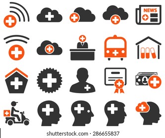 Medical icon set. Style: bicolor icons drawn with orange and gray colors on a white background.