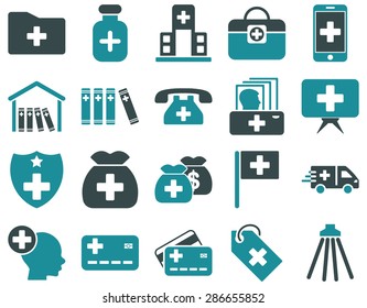 Medical icon set. Style: bicolor icons drawn with soft blue colors on a white background.