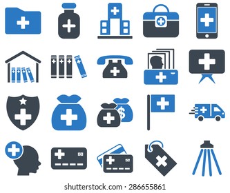 Medical icon set. Style: bicolor icons drawn with smooth blue colors on a white background.