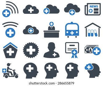 Medical icon set. Style: bicolor icons drawn with smooth blue colors on a white background.