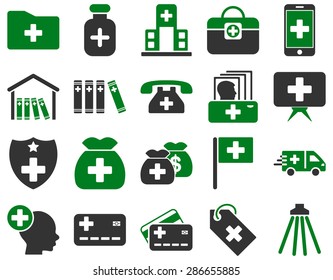 Medical icon set. Style: bicolor icons drawn with green and gray colors on a white background.