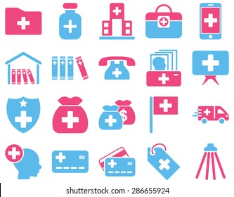Medical icon set. Style: bicolor icons drawn with pink and blue colors on a white background.