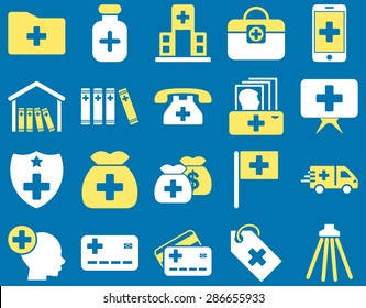 Medical icon set. Style: bicolor icons drawn with yellow and white colors on a blue background.