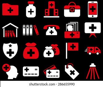 Medical icon set. Style: bicolor icons drawn with red and white colors on a black background.