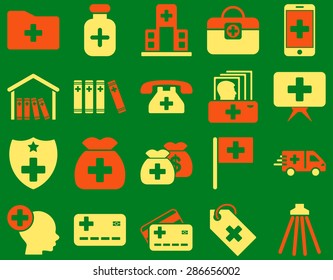 Medical icon set. Style: bicolor icons drawn with orange and yellow colors on a green background.