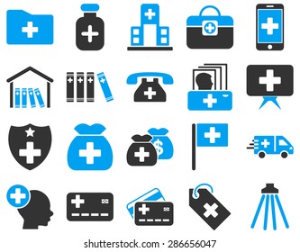 Medical icon set. Style: bicolor icons drawn with blue and gray colors on a white background.